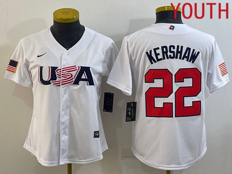 Youth 2023 World Cub USA 22 Kershaw White MLB Jersey